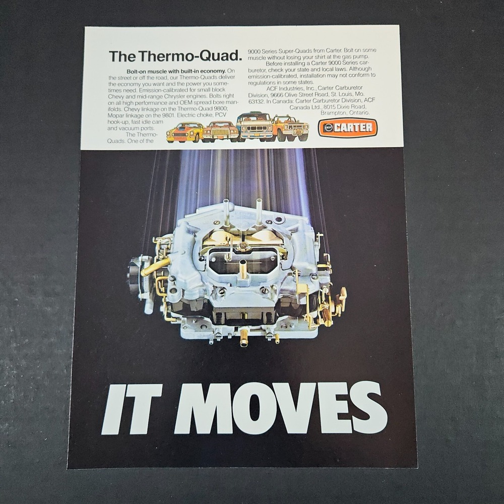 1979 Carter Themo-Quad Carburetor ACF Industries Vintage Print Ad Mancave Garage